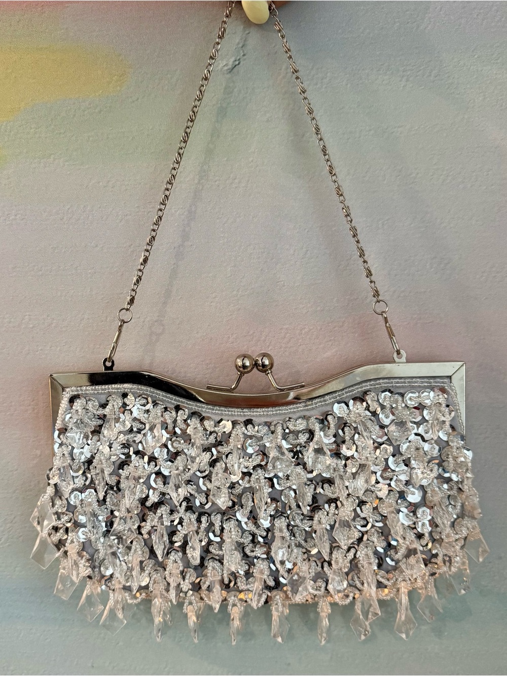 Silver Sequined and Crystal Beaded Evening Clutch with Chain Strap